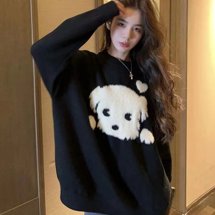 圆领黑色早秋上衣套头针织衫外穿毛衣女加厚秋冬季宽松慵懒风A16