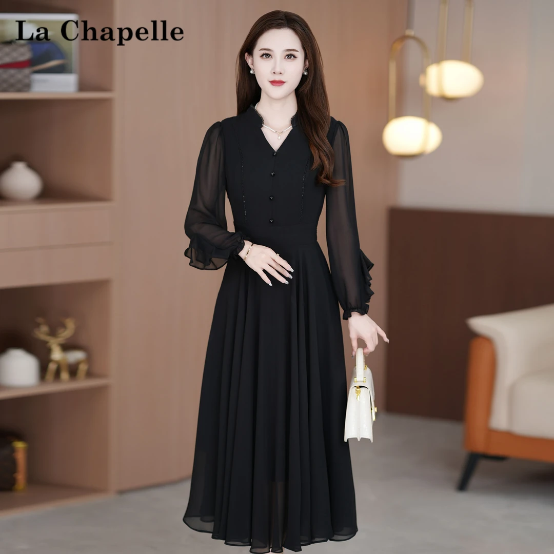 【拉夏贝尔】春季尤莱特穿搭纯色时尚气质显瘦松紧腰轻奢长裙连衣裙