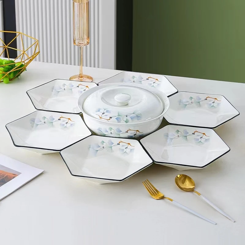 银杏花开带盖品锅+六角盘+汤勺组合高端家用网红款陶瓷碗碟盘套装