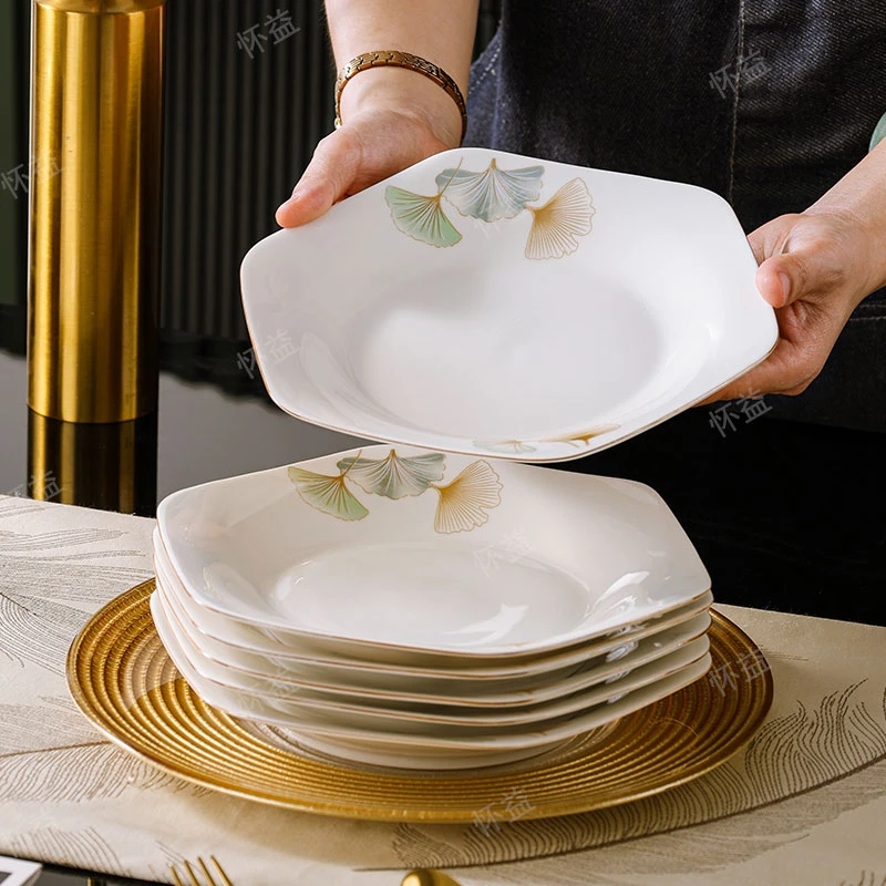 【银杏时光】六角盘6只家用描金陶瓷餐具2024年流行网红款高级盘碟