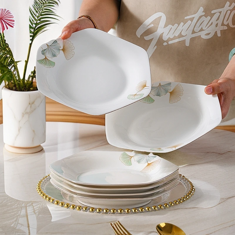 【银杏时光】六角盘8只家用描金陶瓷餐具轻奢流行网红款高级盘碟