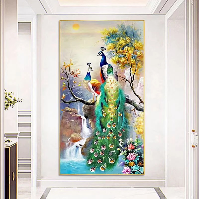 十字绣流水生财孔雀图竖版2024新款线绣客厅玄关新中式满绣45色
