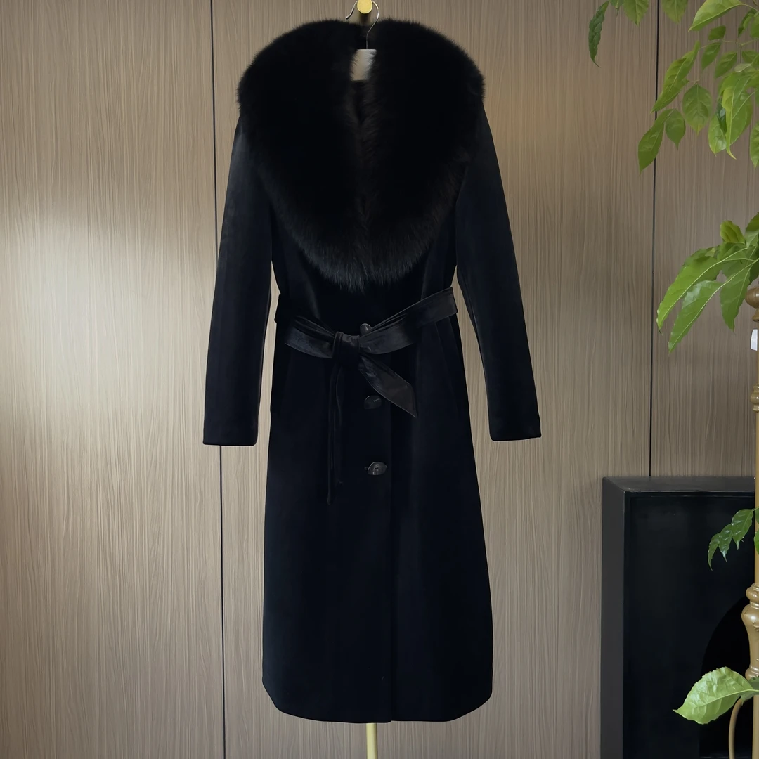 新款丝绒女士羊毛大衣冬季时尚修身气质加厚中长款黑色狐狸毛领