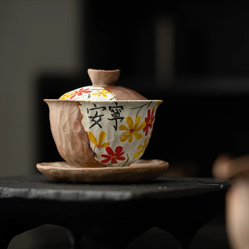 复古柴烧盖碗纯手工中式老岩泥茶器岩茶家用高档陶瓷泡茶碗专用