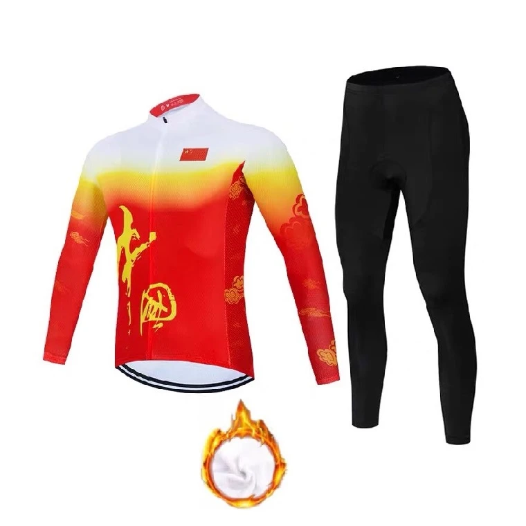 红色中国龙秋冬款山地自行车服专业骑行服长袖套装加绒加厚款男女