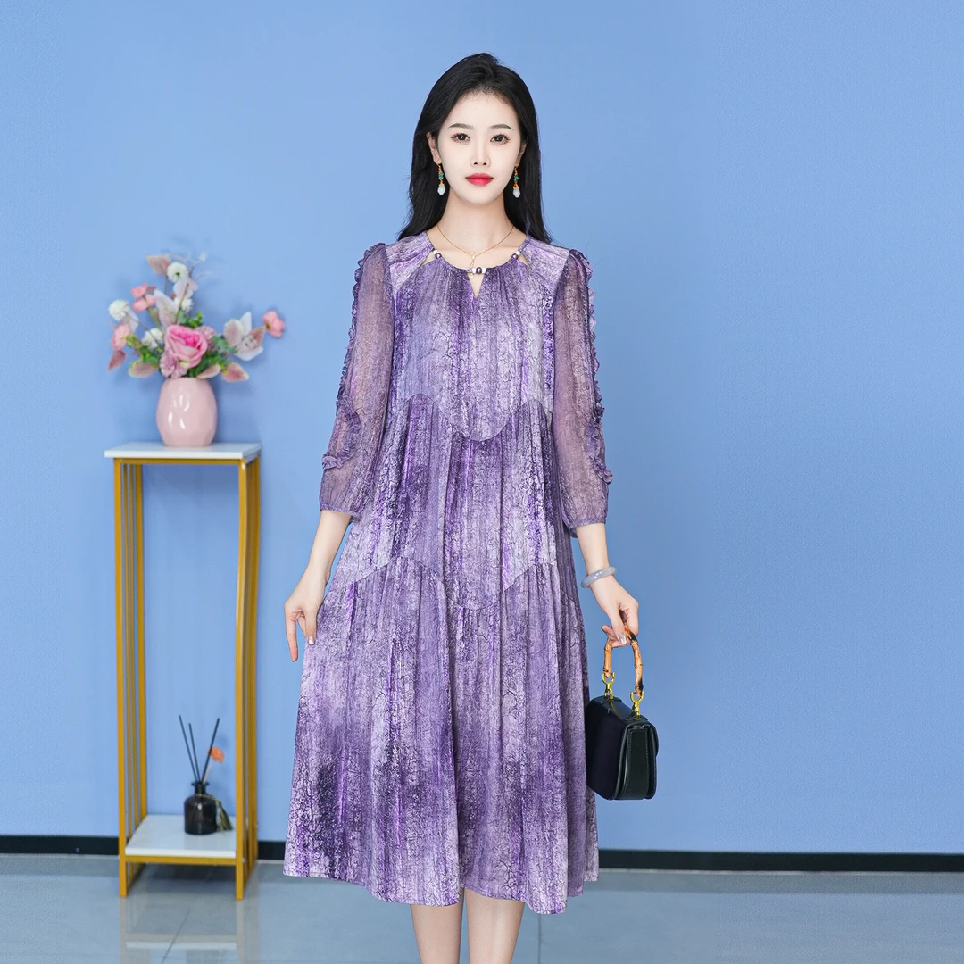 【SJYF1616】秋季新款连衣裙中长款气质中式收腰印花修身女装连衣裙