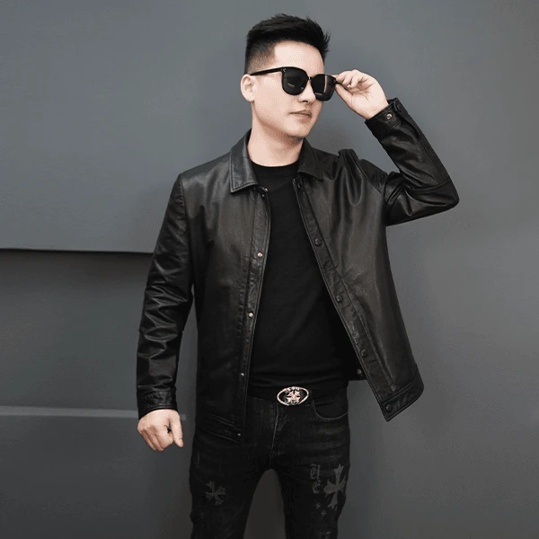 新款海宁男士高档真皮皮衣山羊皮短款休闲翻领中老年真皮夹克外套