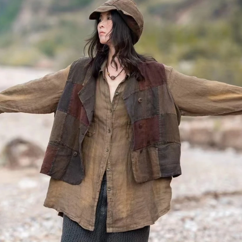 原创麻依者亚麻拼接马甲2023秋1091