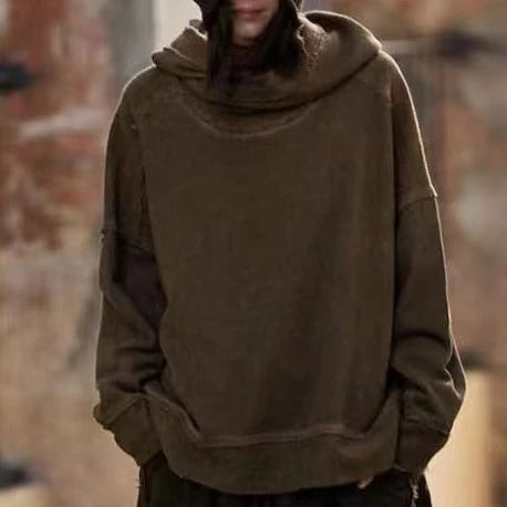 原创麻依者纯棉加厚连帽拼接毛边套头卫衣2023冬1154