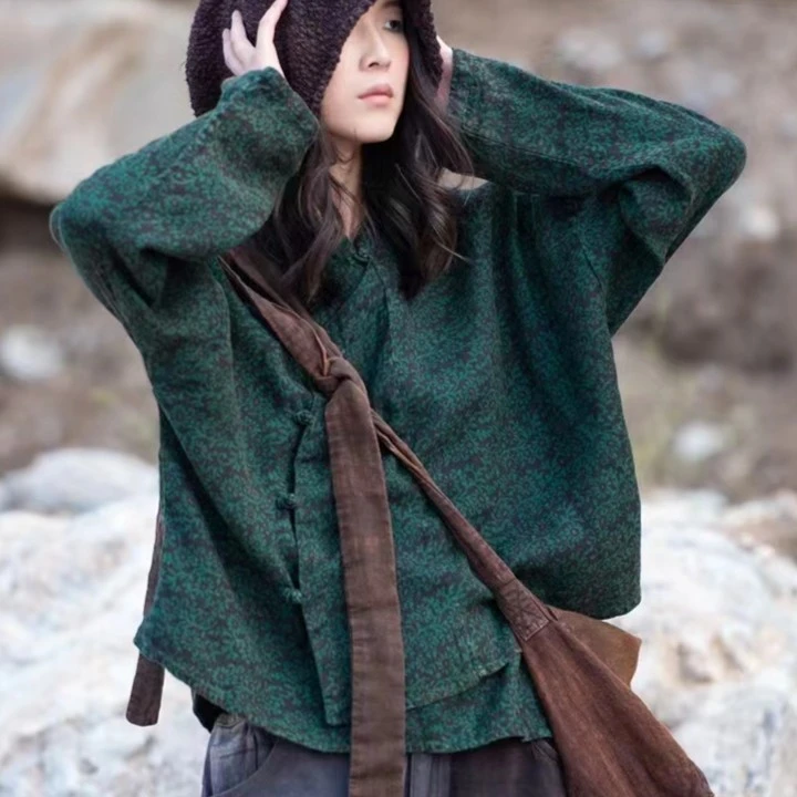 原创麻依者亚麻印花斜襟盘扣上衣2023秋1110