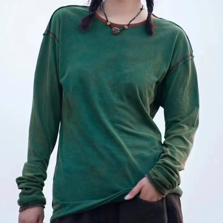 原创麻依者棉麻混纺长袖打底衫T恤2023秋1088
