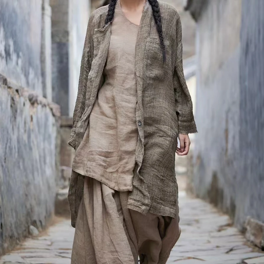 原创麻依者亚麻冷蜡染做旧长款衬衣开衫2024夏1252【新款】