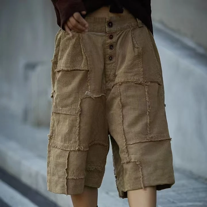 原创麻依者纯棉做旧拼接毛边休闲中裤2024秋1290【新款】