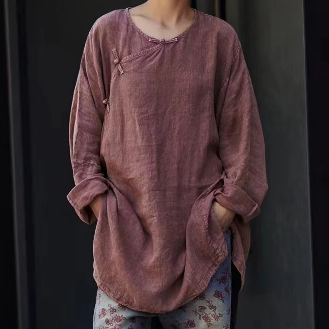 原创麻依者亚麻复古做旧斜襟盘扣圆领短上衣2024秋1322【新款】