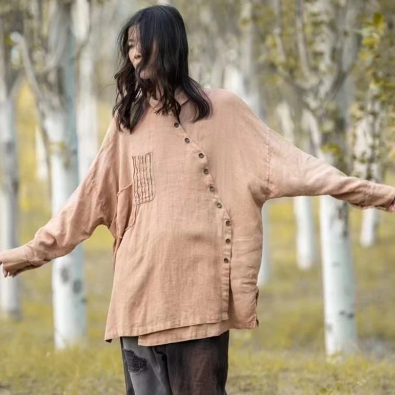 原创麻依者亚麻斜襟中长款衬衣外套2023秋1062
