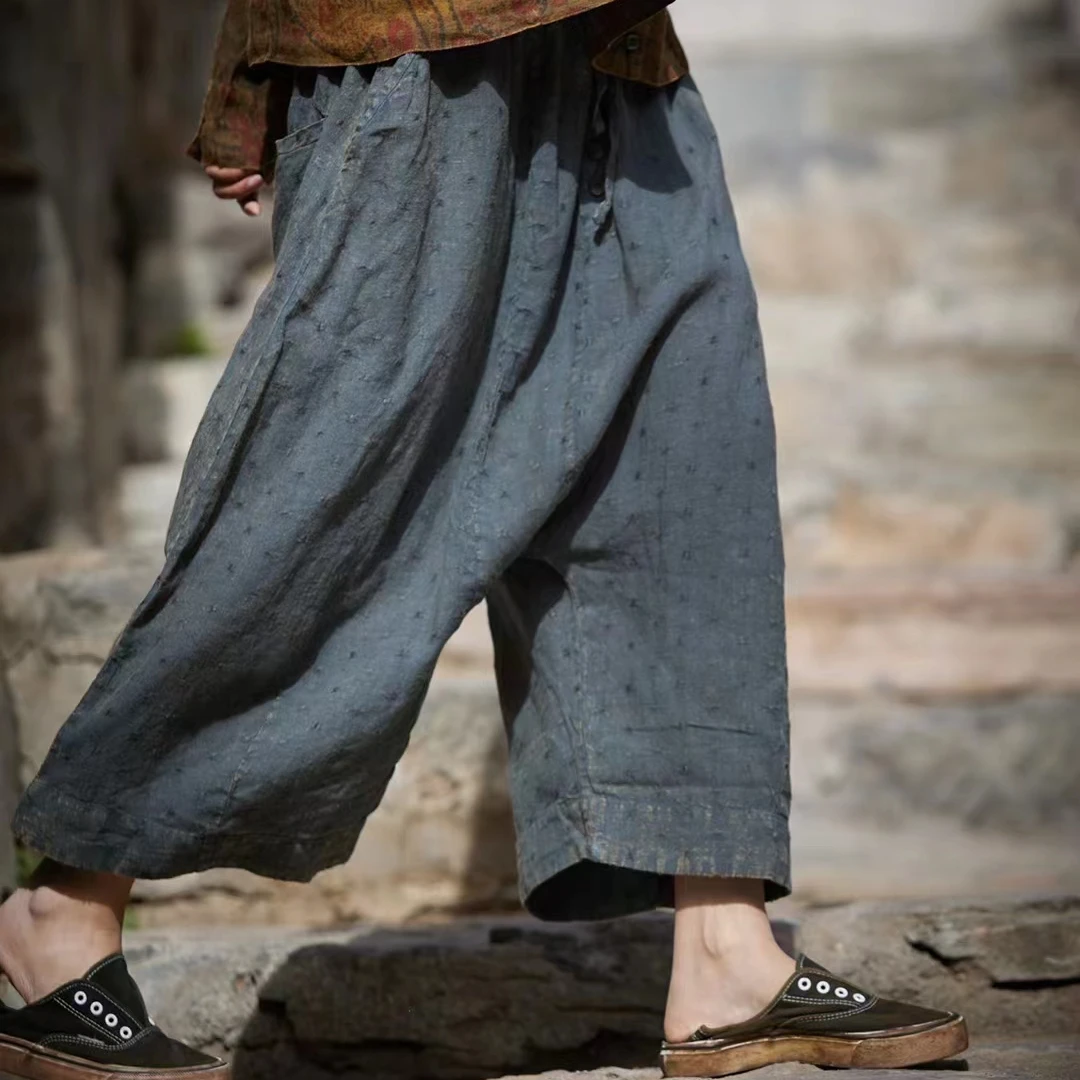 原创麻依者亚麻提花直筒阔腿九分裤休闲裤2014夏1235【新款】