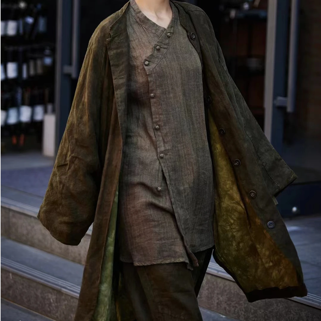 原创麻依者亚麻斑驳做旧双层中长款开衫外套2024秋1298【新款】