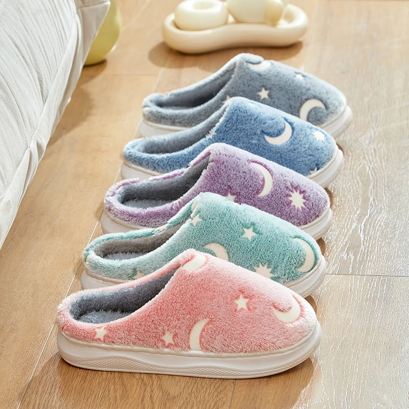 2024秋冬新款家居家用室内厚底毛绒情侣星星款保暖棉拖鞋