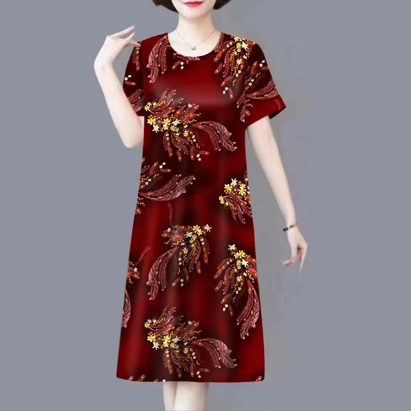 中老年连衣裙短袖冰丝2024夏季新款宽松遮肚时尚中年妈妈装连衣裙