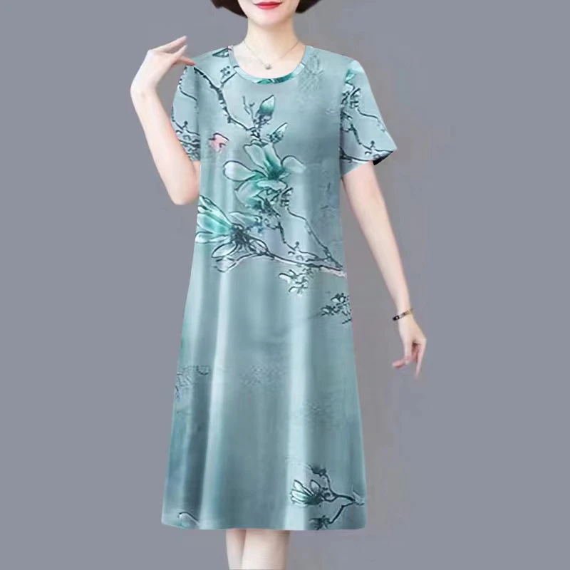中老年妈妈装中长款连衣裙2024夏季新款短袖宽松显瘦遮肚连衣裙