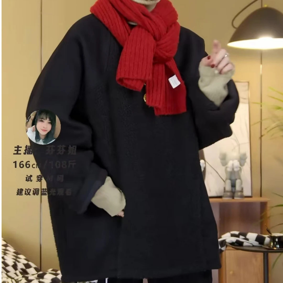 芬芬姐秋冬LMJ时尚设计师定制款休闲山羊绒拼接羊羔毛圆领外套