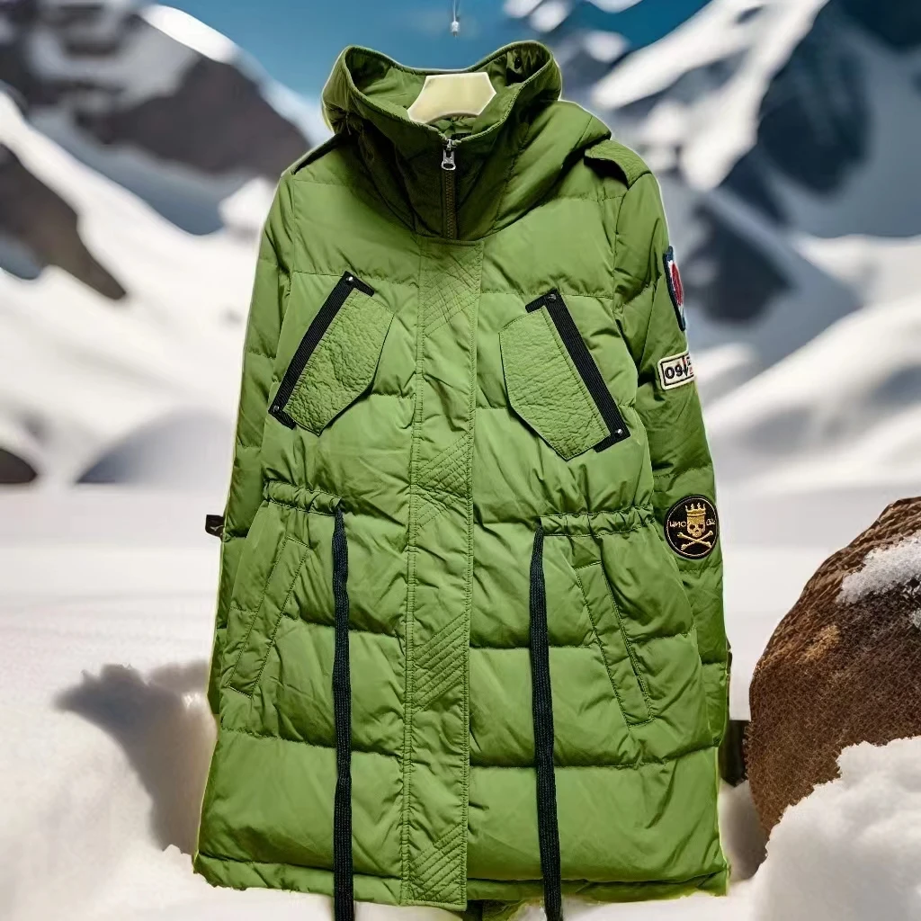 棉服冬季中长款保暖外套时尚加厚女士绿色休运动休闲带帽户外女款