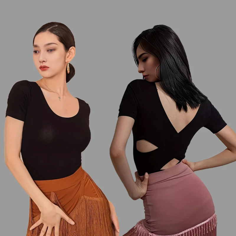 24新款拉丁舞练功服女上衣服装成年春夏短袖性感百搭性感美背显瘦