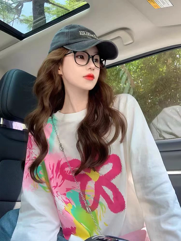 彩色花朵扎染加厚德绒长袖t恤女2025新款打底衫设计感小众正肩潮