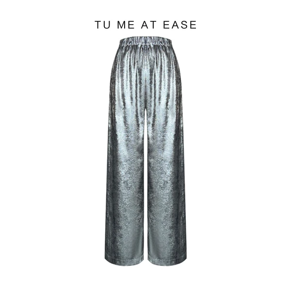 【TuwoZizai】烫银时髦阔腿裤挂里布秋季休闲裤显瘦显高松紧腰