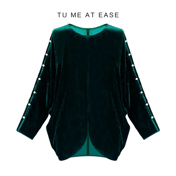 【TuwoZizai】复古柔情真丝丝绒镶嵌珍珠时髦上衣衬衫大码宽松廓形