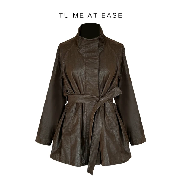 【TuwoZizai】环保PU防风衣棉衣大女主外套显瘦高级感乌木色大衣