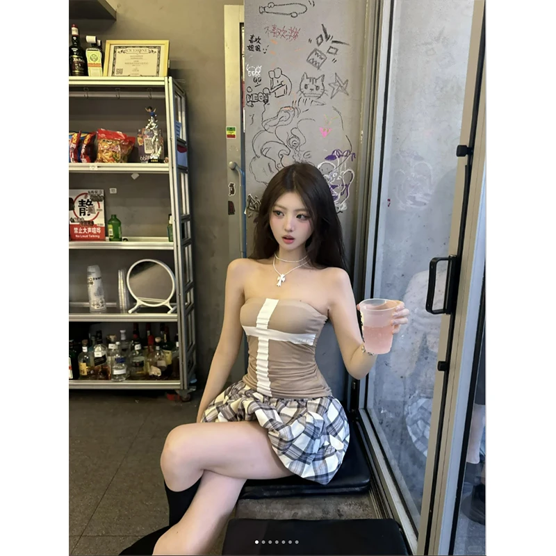 2024夏新品纯欲辣妹抹胸背心上衣女减龄高腰花苞半身裙时尚两件套