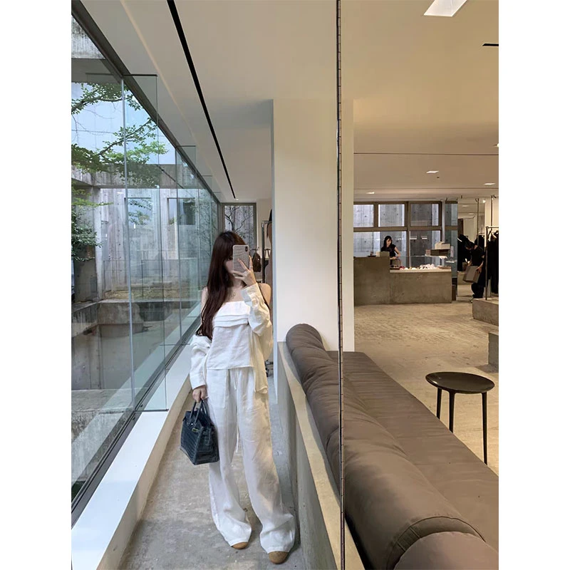 【老钱套组】休闲穿搭抹胸小背心外搭长袖衬衫上衣百搭宽松长款裤子