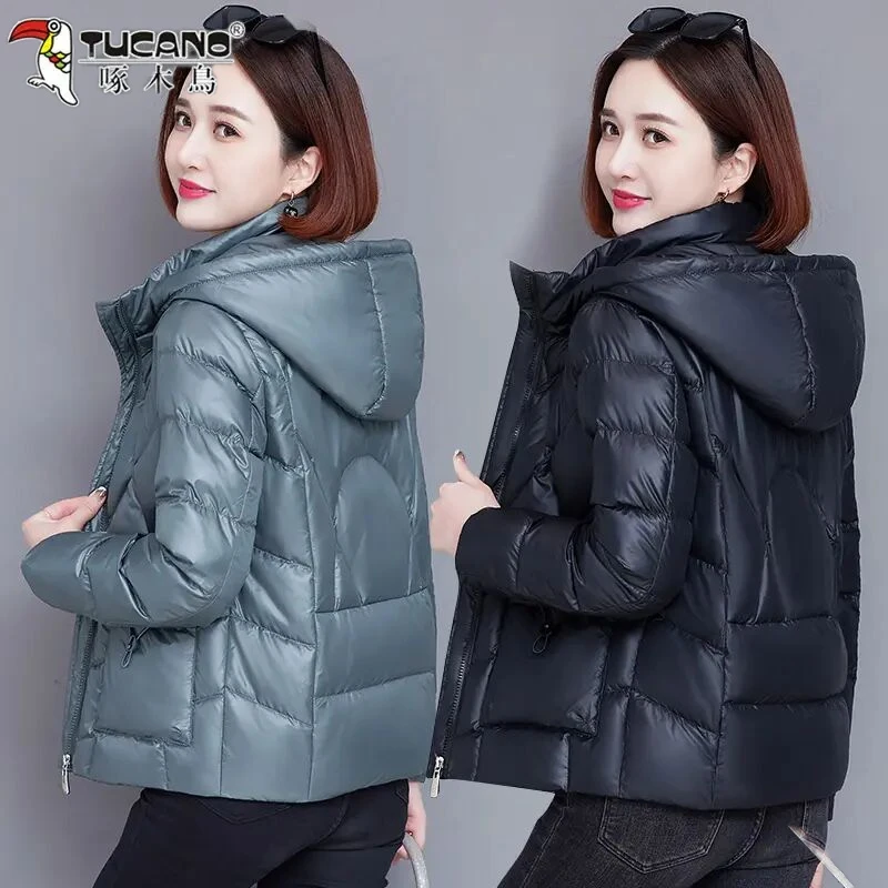 啄木鸟冬新款棉衣小棉袄棉服连帽亮面免洗妈妈短款小个子女装外套