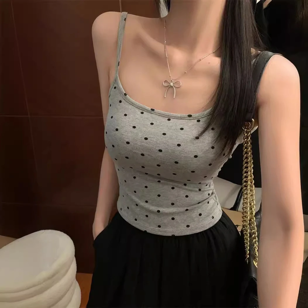 纯欲风灰色露背波点辣妹吊带小背心女带胸垫内搭外穿性感美背上衣