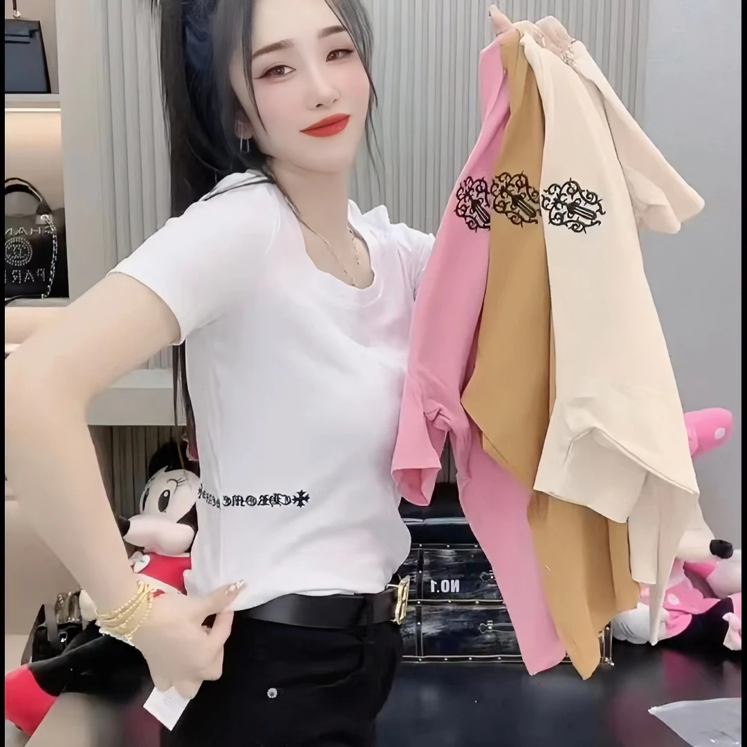 夏季新款字母刺绣短袖t恤女时尚洋气百搭圆领套头上衣2024修身显