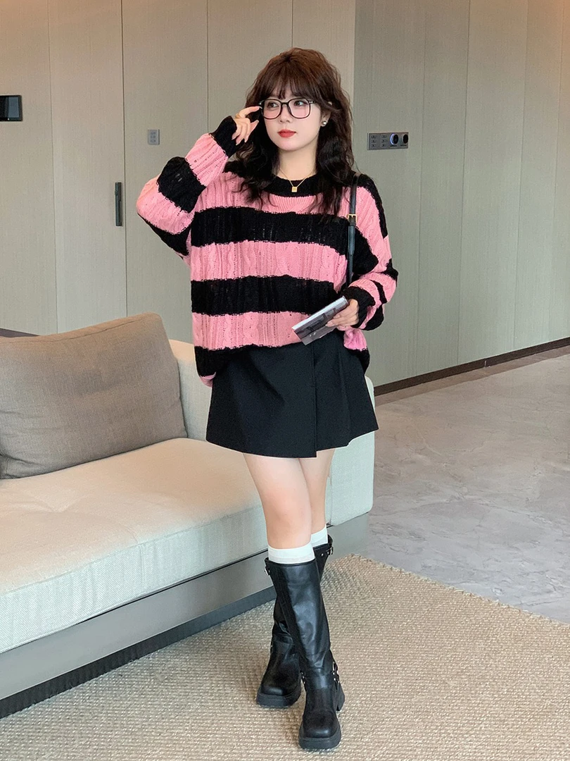 大码260斤孕妇装2024秋冬季新ins慵懒风宽松条纹破洞套头针织毛衣