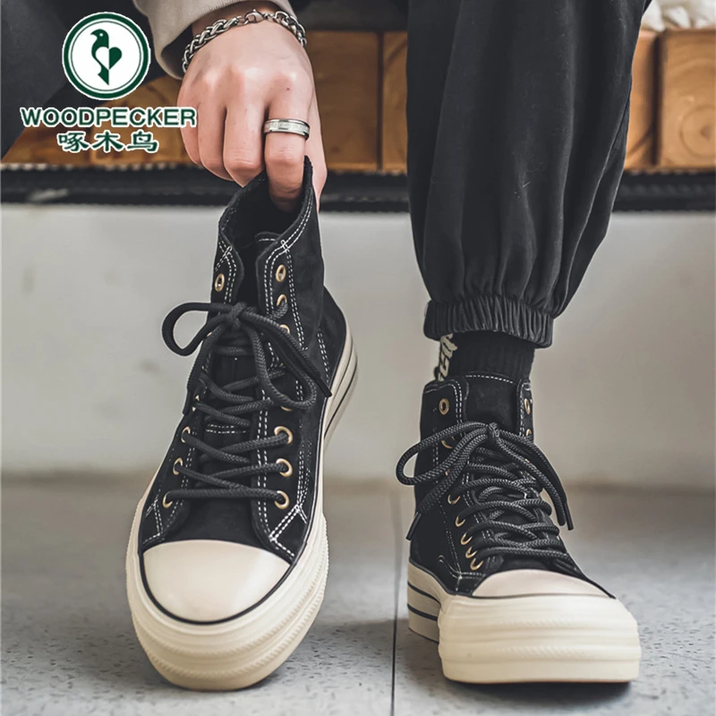 啄木鸟官方正品男鞋冬季黑色复古高帮帆布鞋中学生运动板鞋厚底男