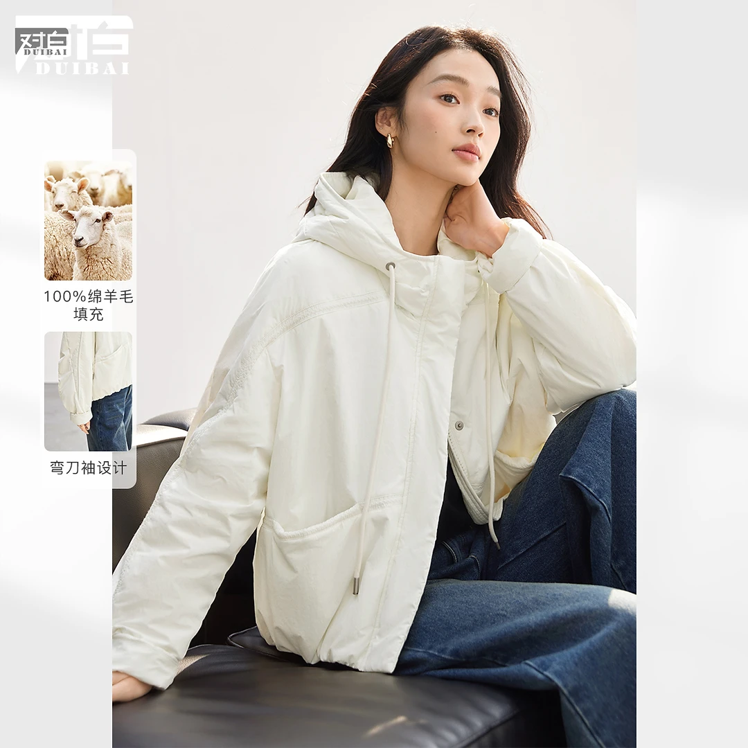 对白韩系休闲连帽短外套女2024冬新款上衣防风保暖小个子棉服