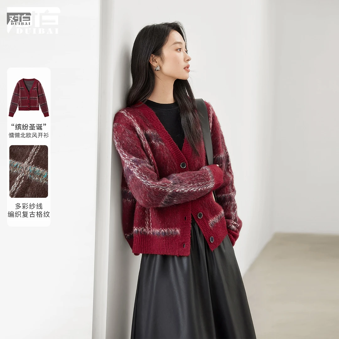 对白复古格纹红色圣诞毛衣外套女2024冬季新款慵懒北欧风针织开衫