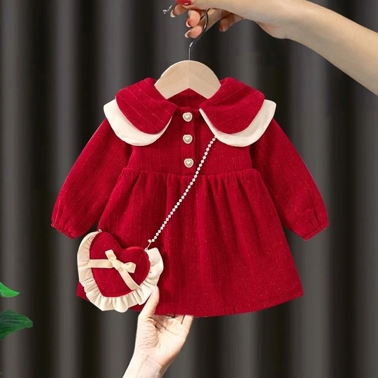 女童加绒连衣裙冬季2024新款洋气儿童红色公主裙周岁宝宝