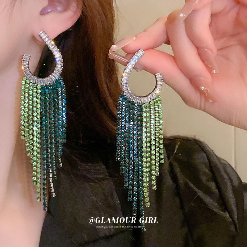 合金耳饰 绿色系镶钻锆石流苏创意耳坠长款高档冷淡风气质耳饰