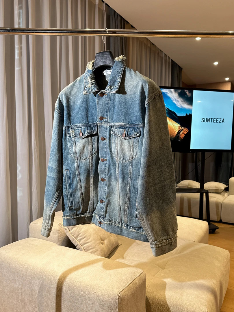 【SUNTEEZA】巴黎风格闪电破坏水洗做旧牛仔外套男女情侣OverSize