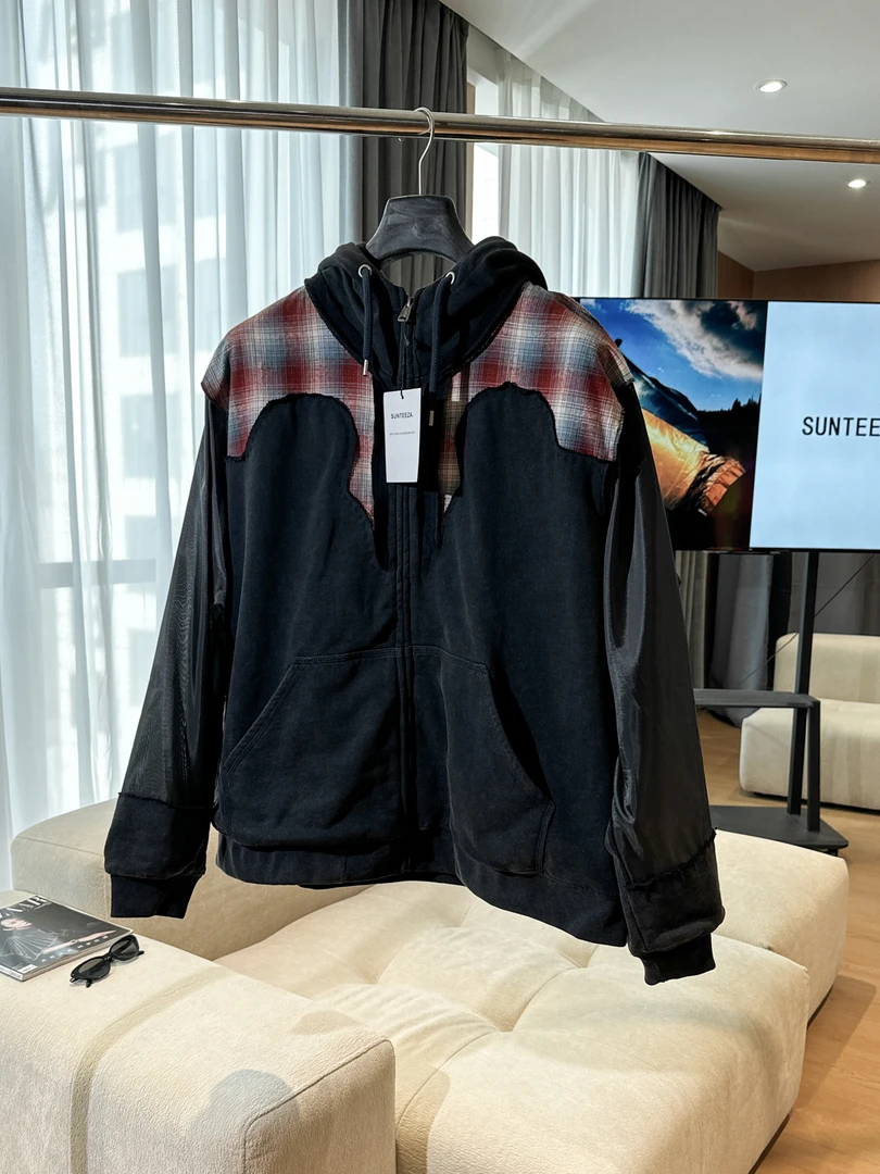 【SUNTEEZA】男女款阔版格纹拼接开衫连帽拉链卫衣外套