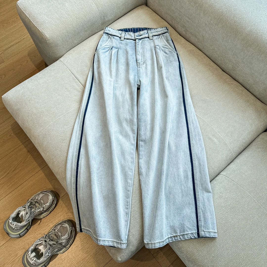 【SUNTEEZA】24ss水洗做旧阔腿侧条撞色宽松高腰牛仔裤