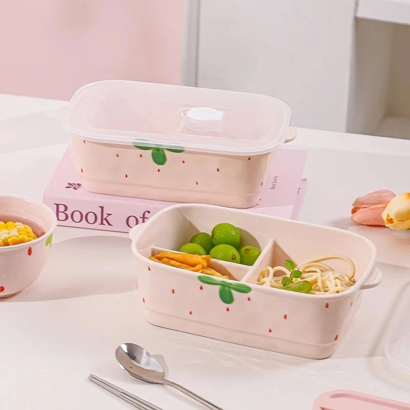 【草莓陶瓷分隔饭盒】上班族带饭餐盒学生专用三格便当盒微波炉加热