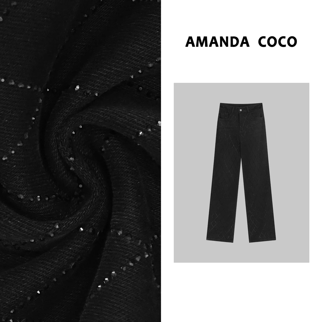 潇潇# 欧货潮牌~重工菱形格烫钻牛仔阔腿裤