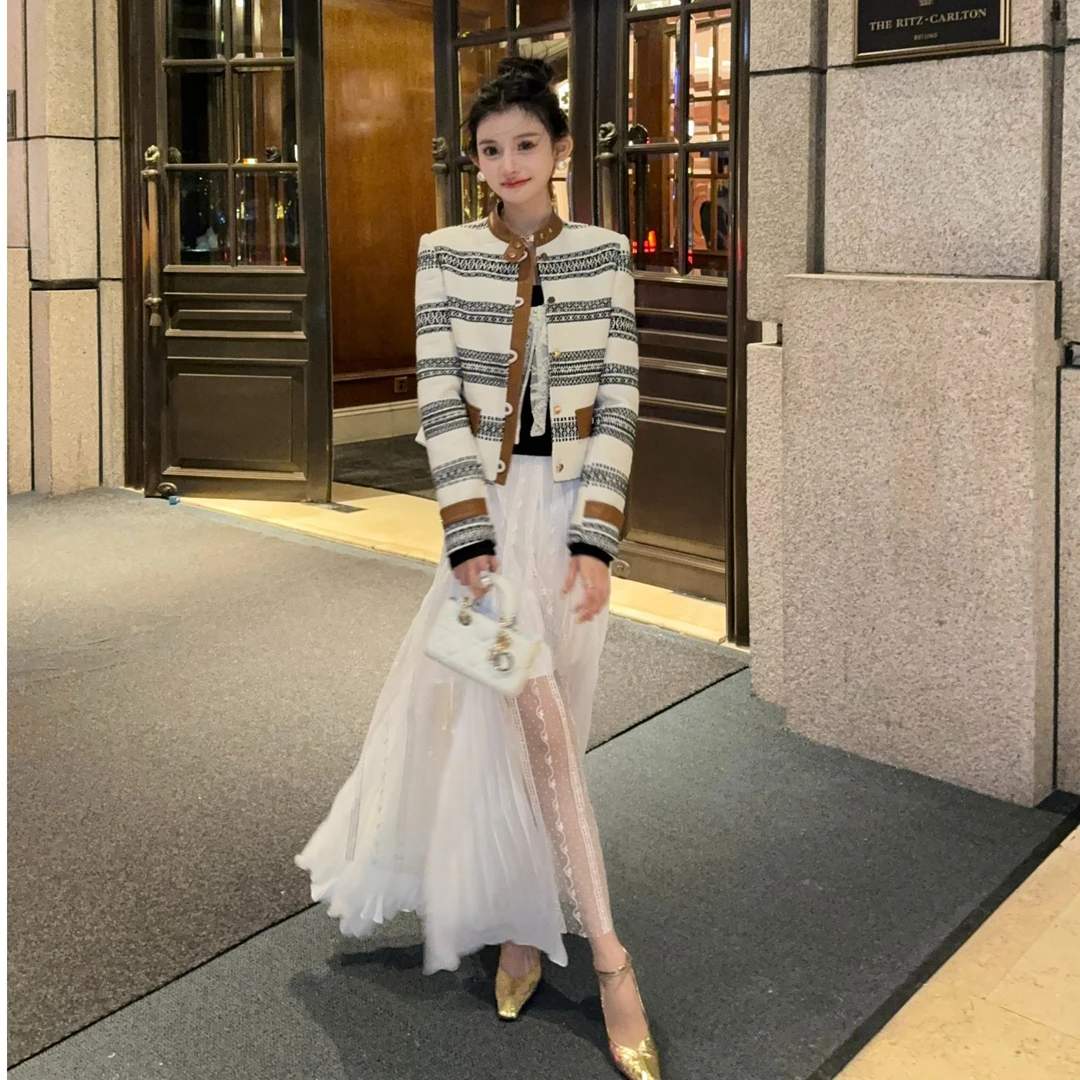 YEXIAOTING叶小婷 水墨交响 秋冬黑白纹立领外套蕾丝刺绣半身裙