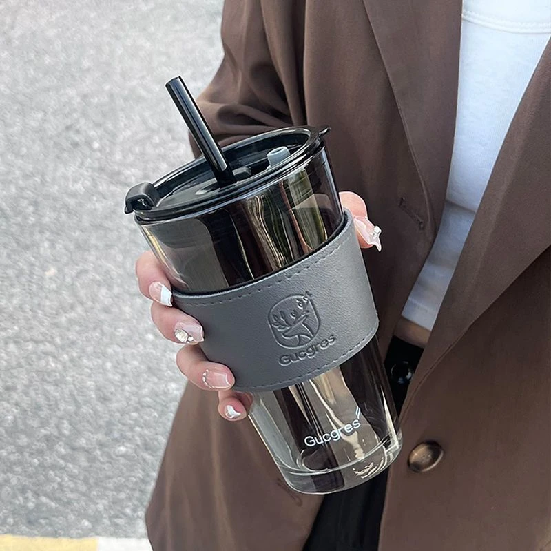 极光竹节杯高颜值大容量玻璃吸管杯奶茶杯女士专用杯水杯带盖便携