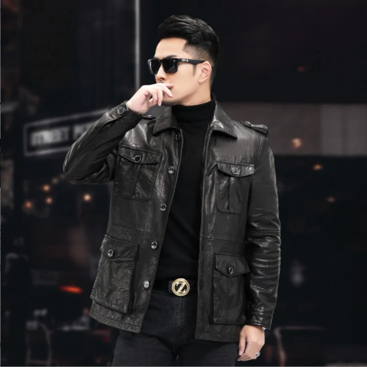 2108 LKY  油蜡山羊皮猎装风衣男士机车外套翻领时尚春秋真皮皮衣